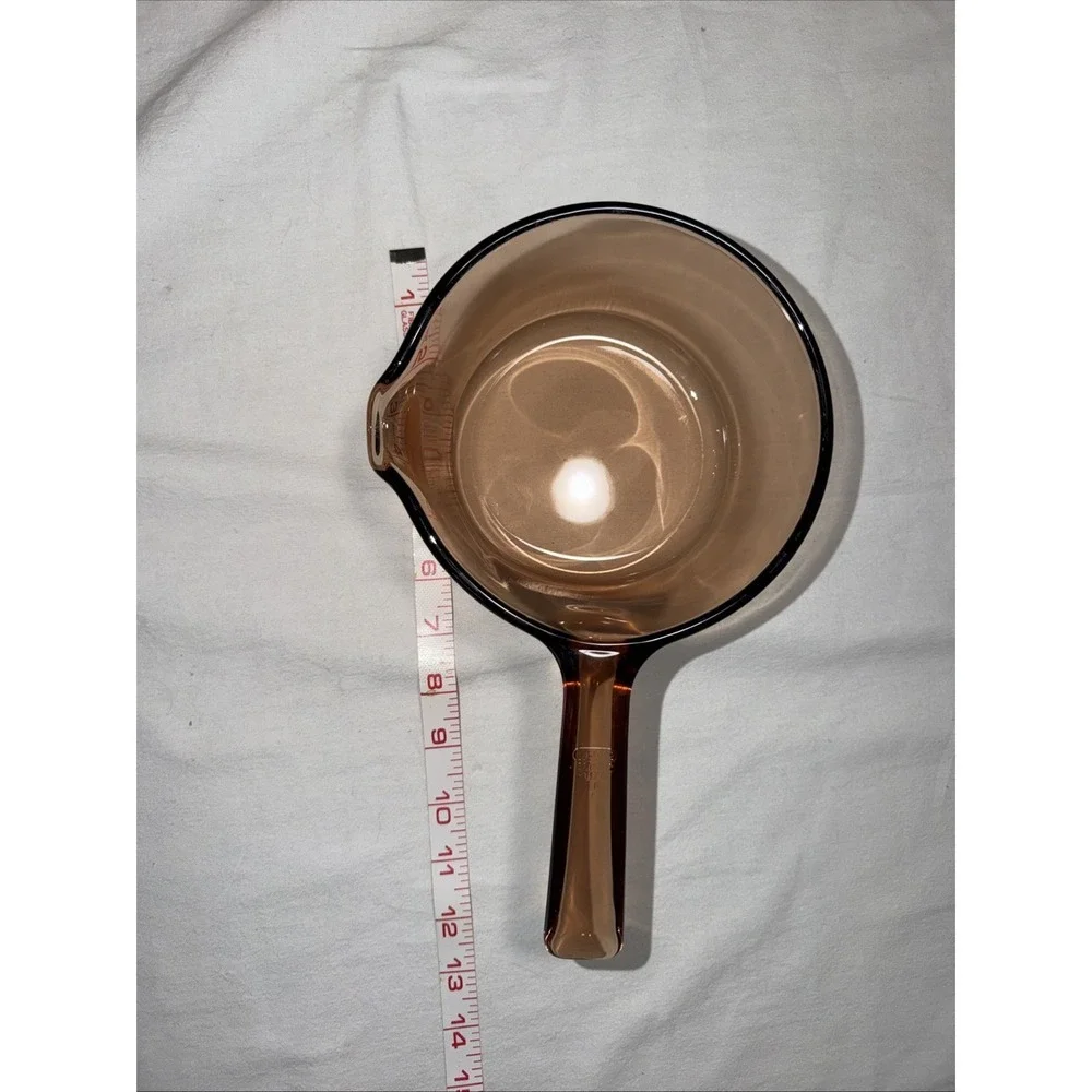 VTG Vision Corning Ware USA 1L Amber Glass Sauce Pan Pot Pour Spout With LID
